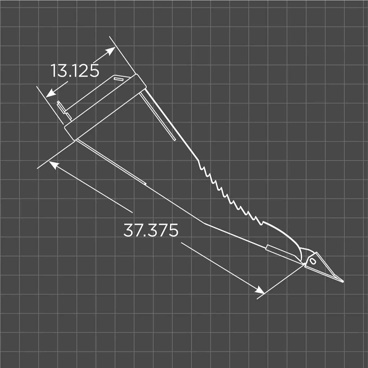 Technical drawing of a loflin fabrication compact tractor stump bucket with measurements on a grid background