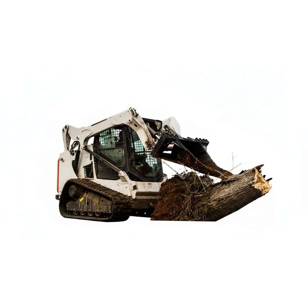 Skid steer loader with a loflin stump bucket holding log on a white background