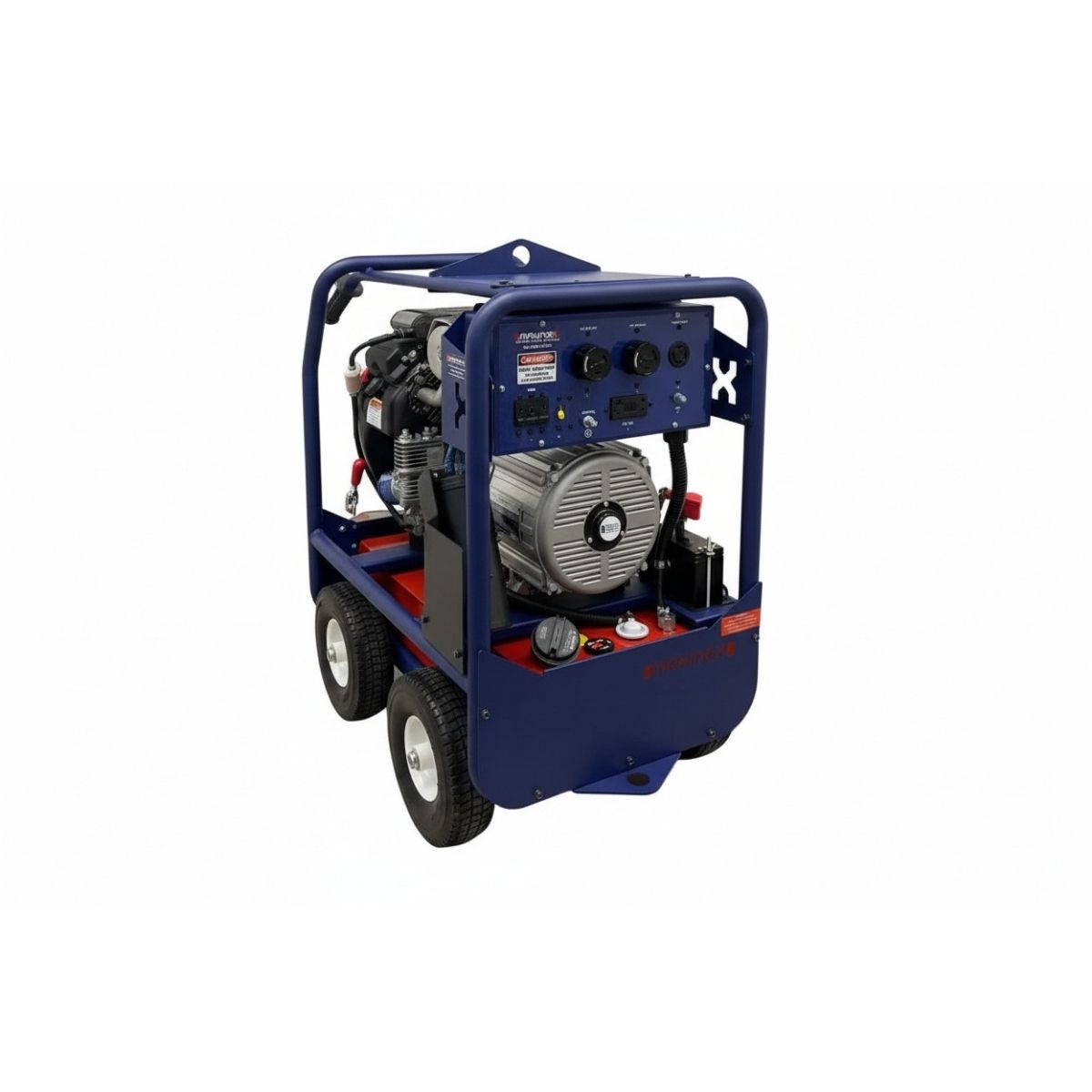 Blue and red makinex 16kw 480v generator on a white background