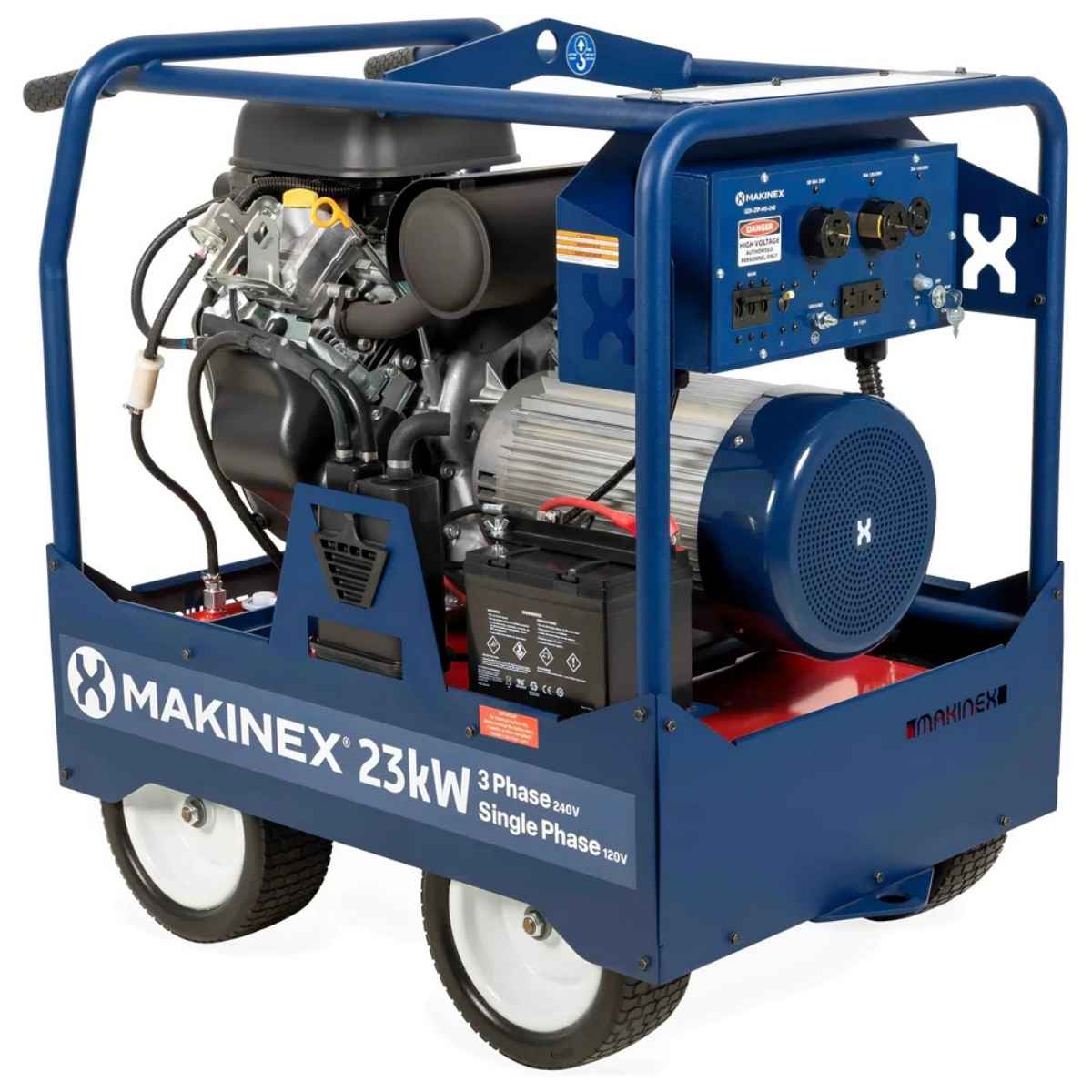 Blue Makinex generator 23kw 240v with visible engine and components on a white background