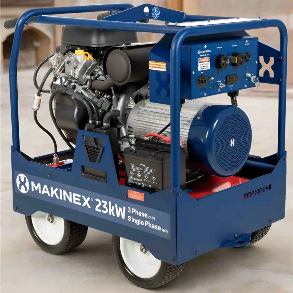 Blue Makinex generator  23kw 240v on a light background