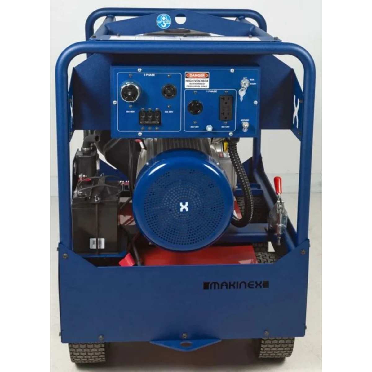 Blue Makinex generator 23kw 480v on a white background