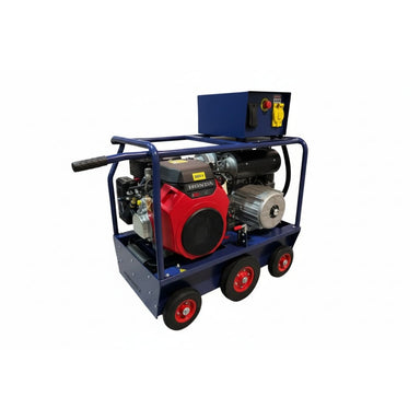 Industrial makinex 32kw 480v generator on wheels with a red engine cover on a white background