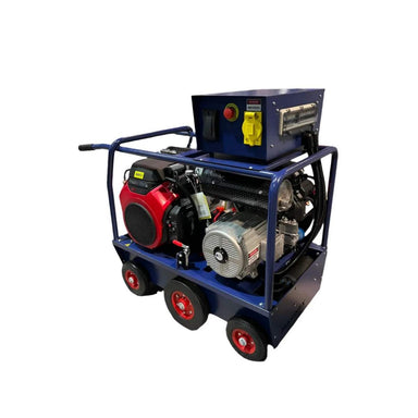 Industrial makinex generator 32kw 480v on wheels with a blue frame and red wheels on a white background