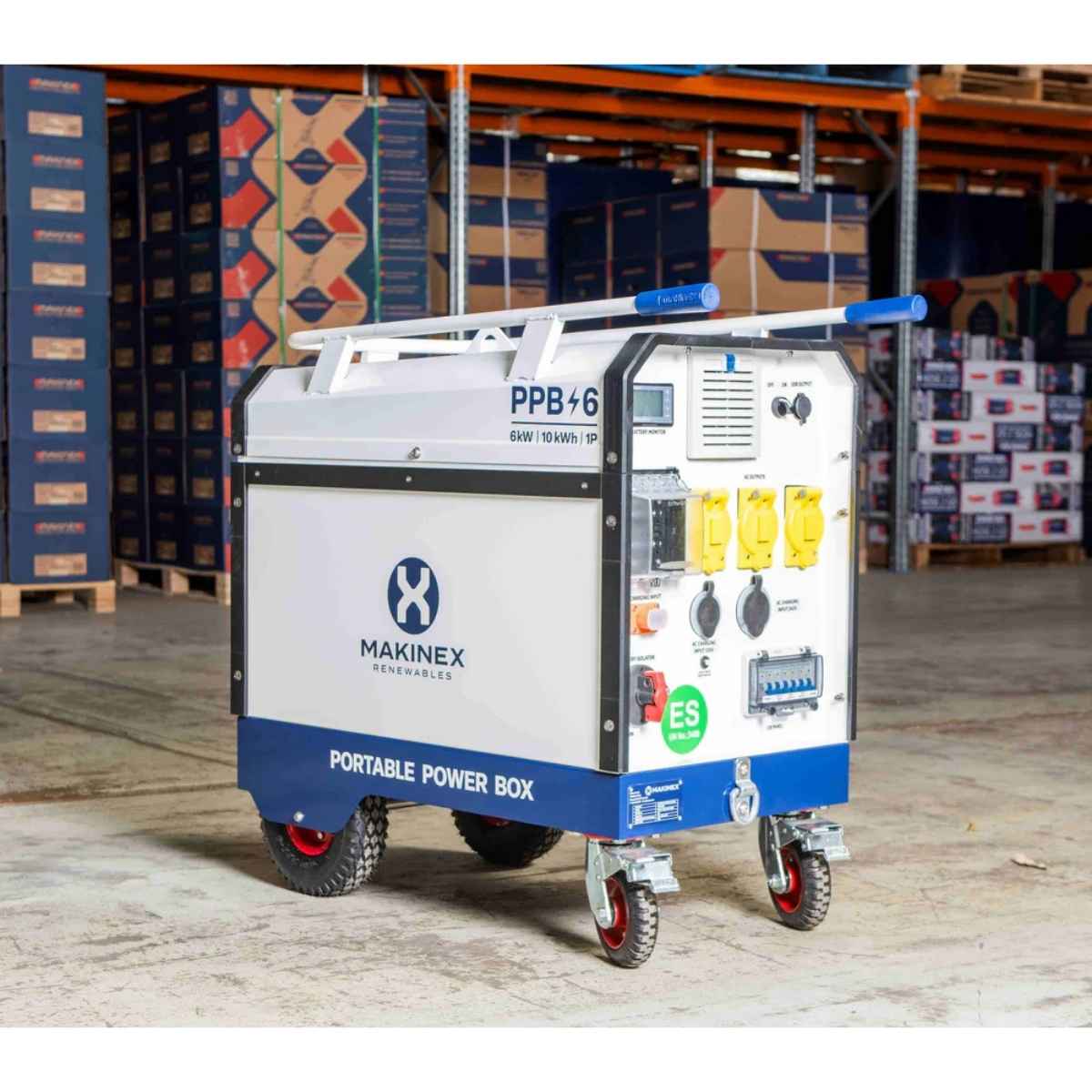 Makinex portable power box in a warehouse setting