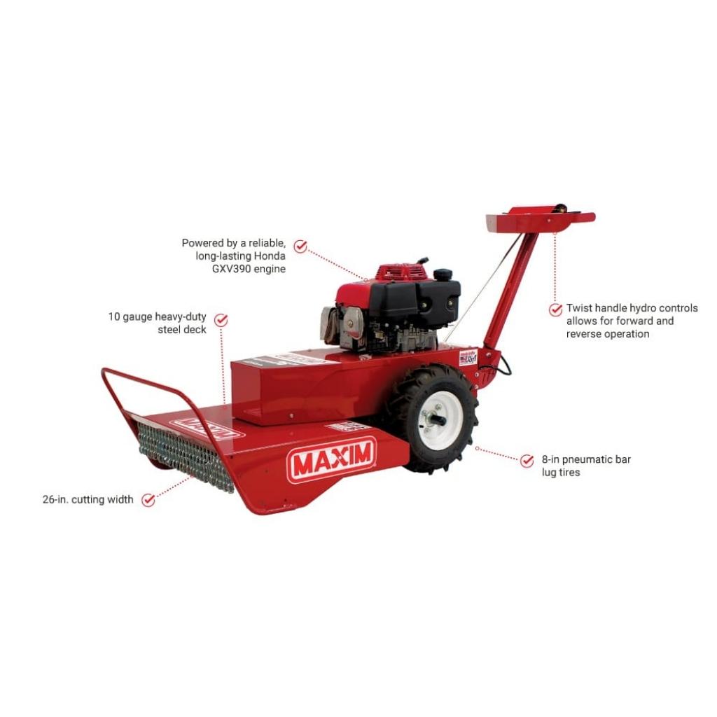Red maxim brush cutter with features highlighted on a white background