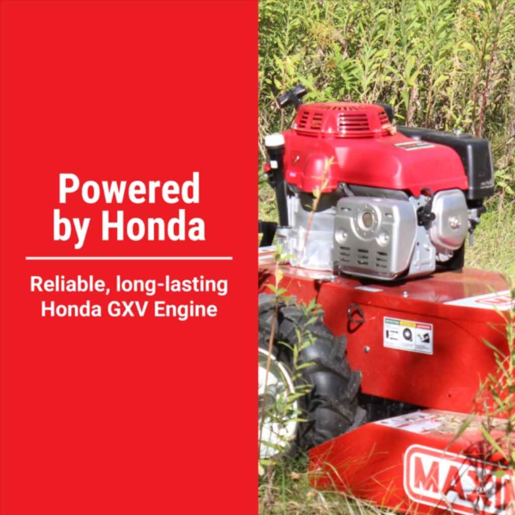 Red maxim 26 brush cutter with Honda engine on a red background