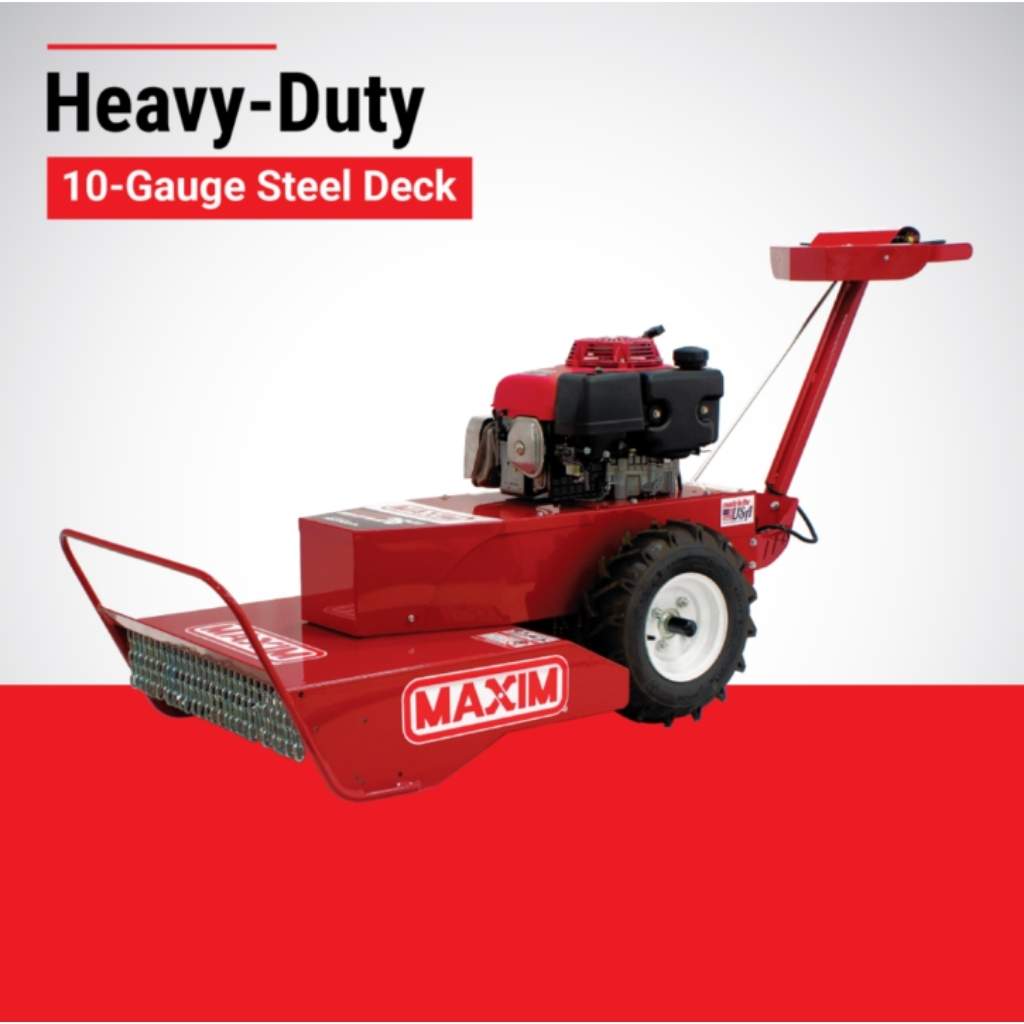 Red maxim 26 brush cutter with 'Maxim' branding on a white and red background