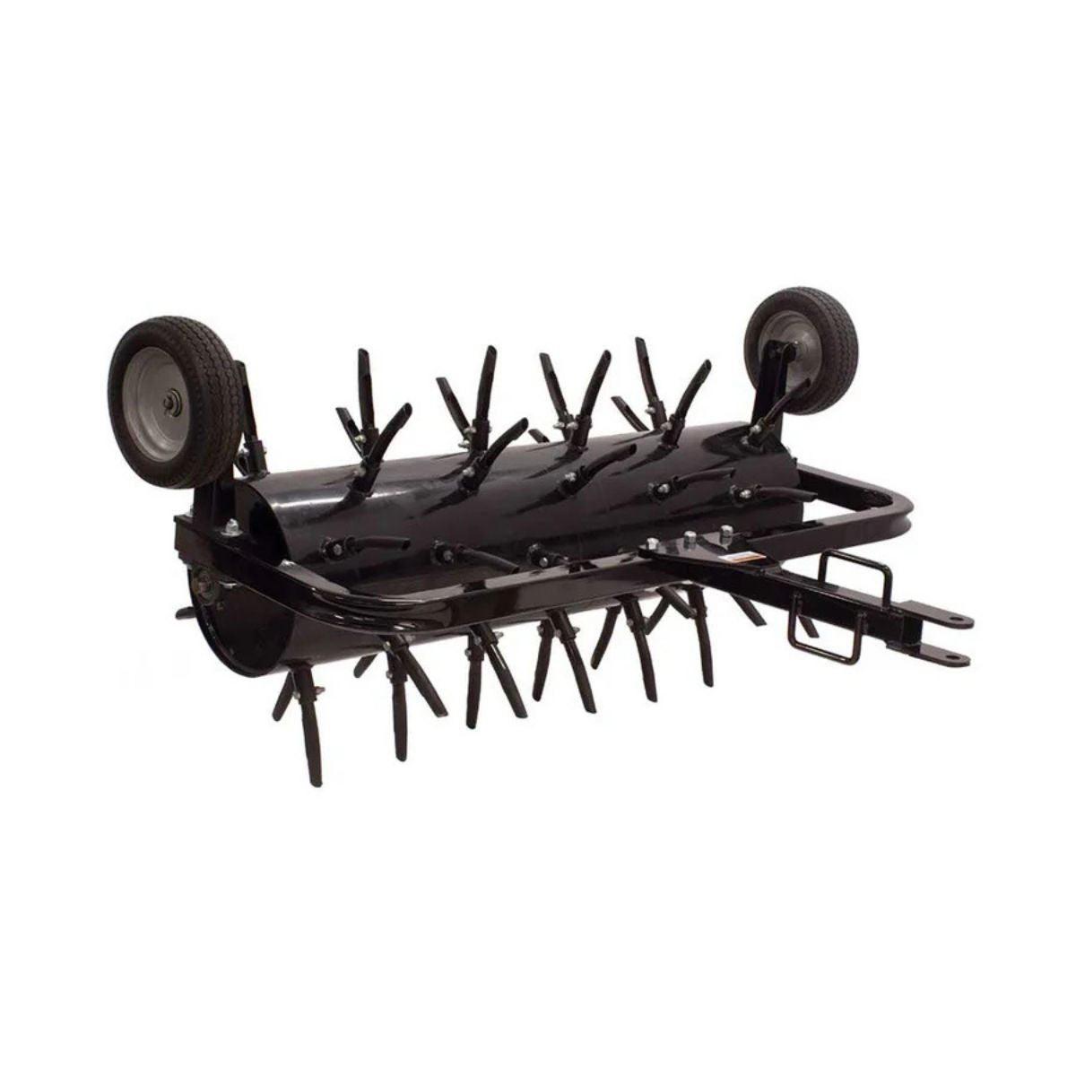 Black maxim 36 inch plug aerator tow behind on a white background