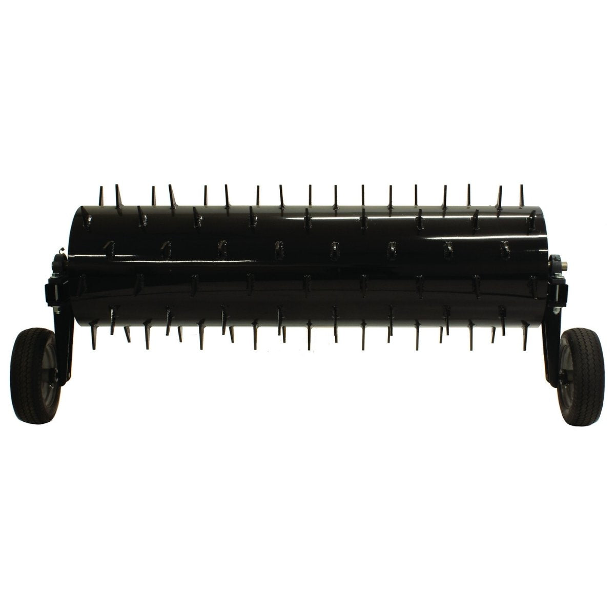 Black 36 inch tow behind spike aerator on a white background