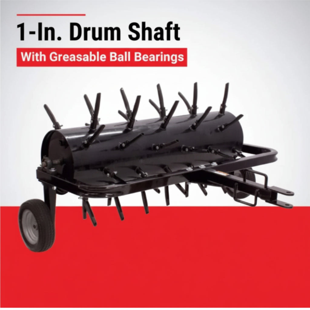Black Maxim 48 inch tow behind aerator with spokes on a red and white background