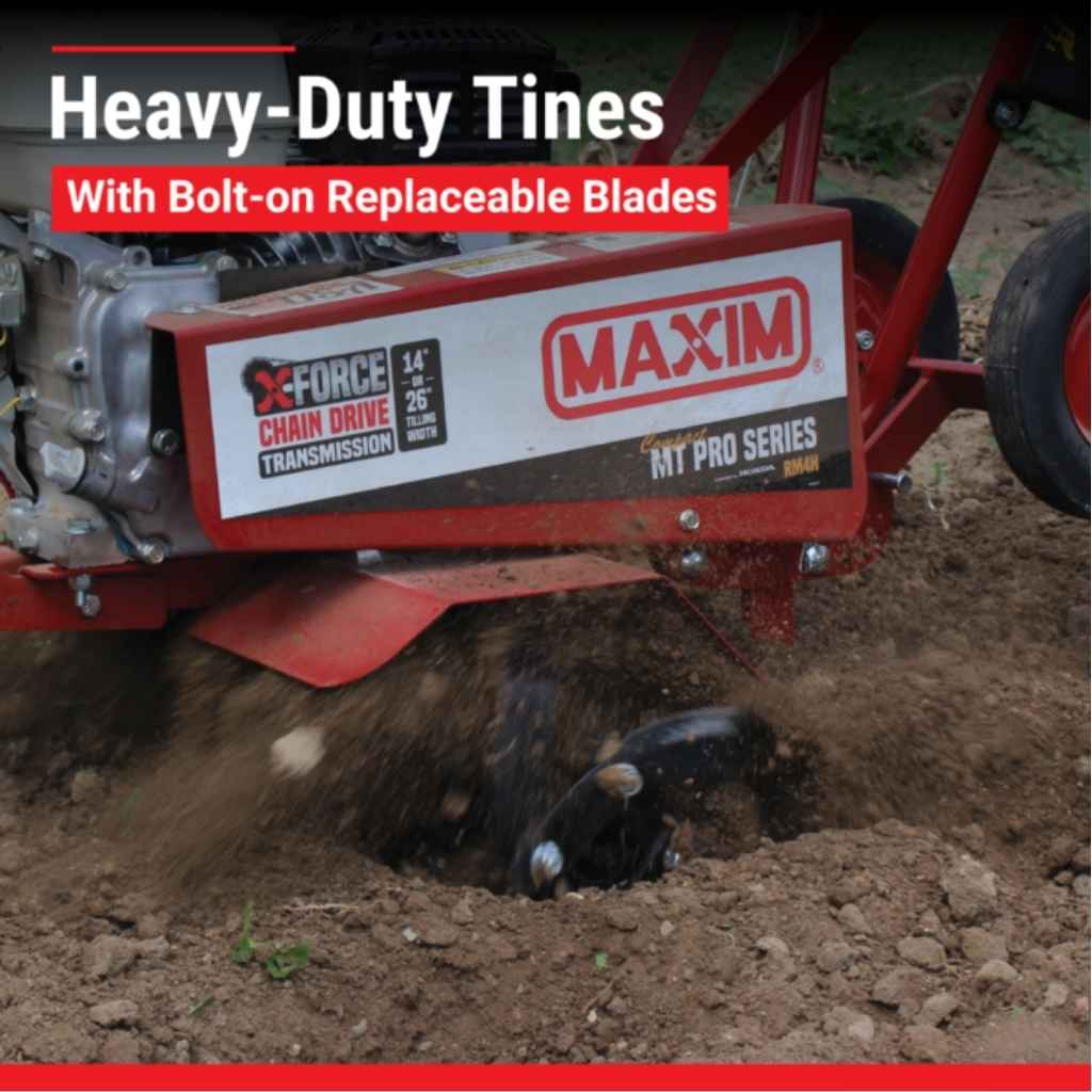 MAXIM rm4h compact tiller tilling soil with heavy duty tines with description stating that it has bolt on replacement blades
