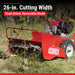 Red maxim 26 inch brush cutter with dual-sided, reversible blade on a grassy area