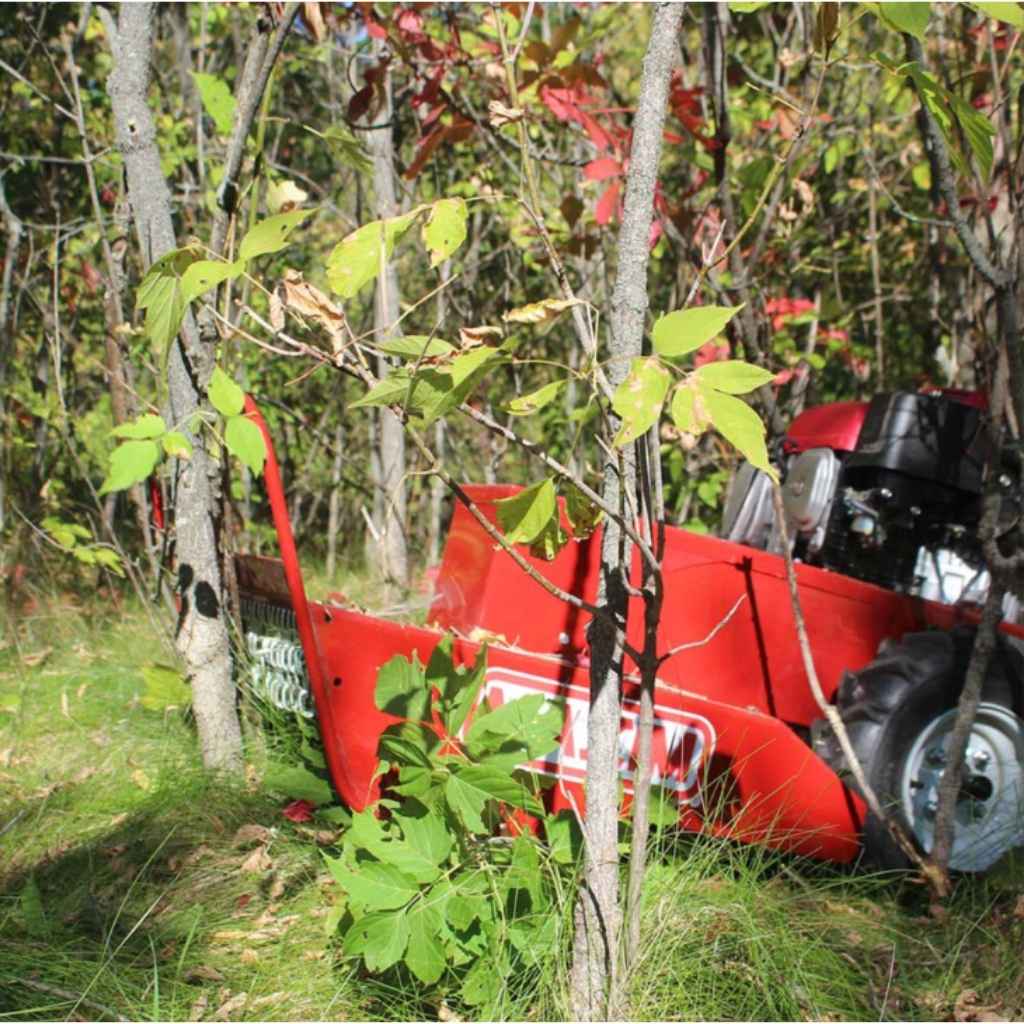 Red maxim brush cutter partially obscured by trees and foliage in a forest setting