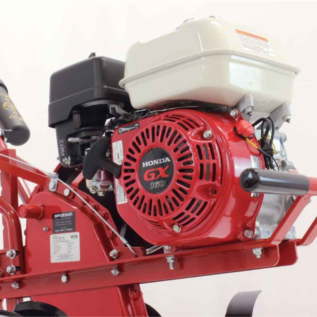 Red maxim 26in commercial tiller with a Honda GX160 engine on a white background