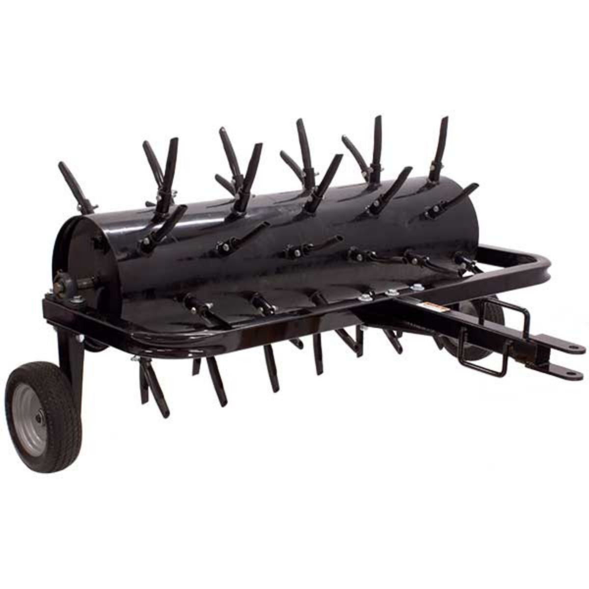 Black maxim 48 inch tow behind plug aerator on a white background