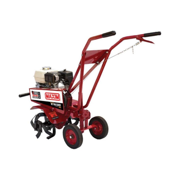 Red maxim rm4h tiller with a engine on a white background