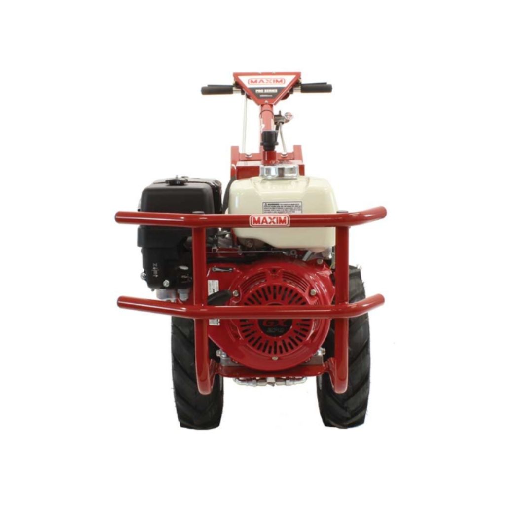 Red and white Maxim rt190h rear tine tiller on a white background
