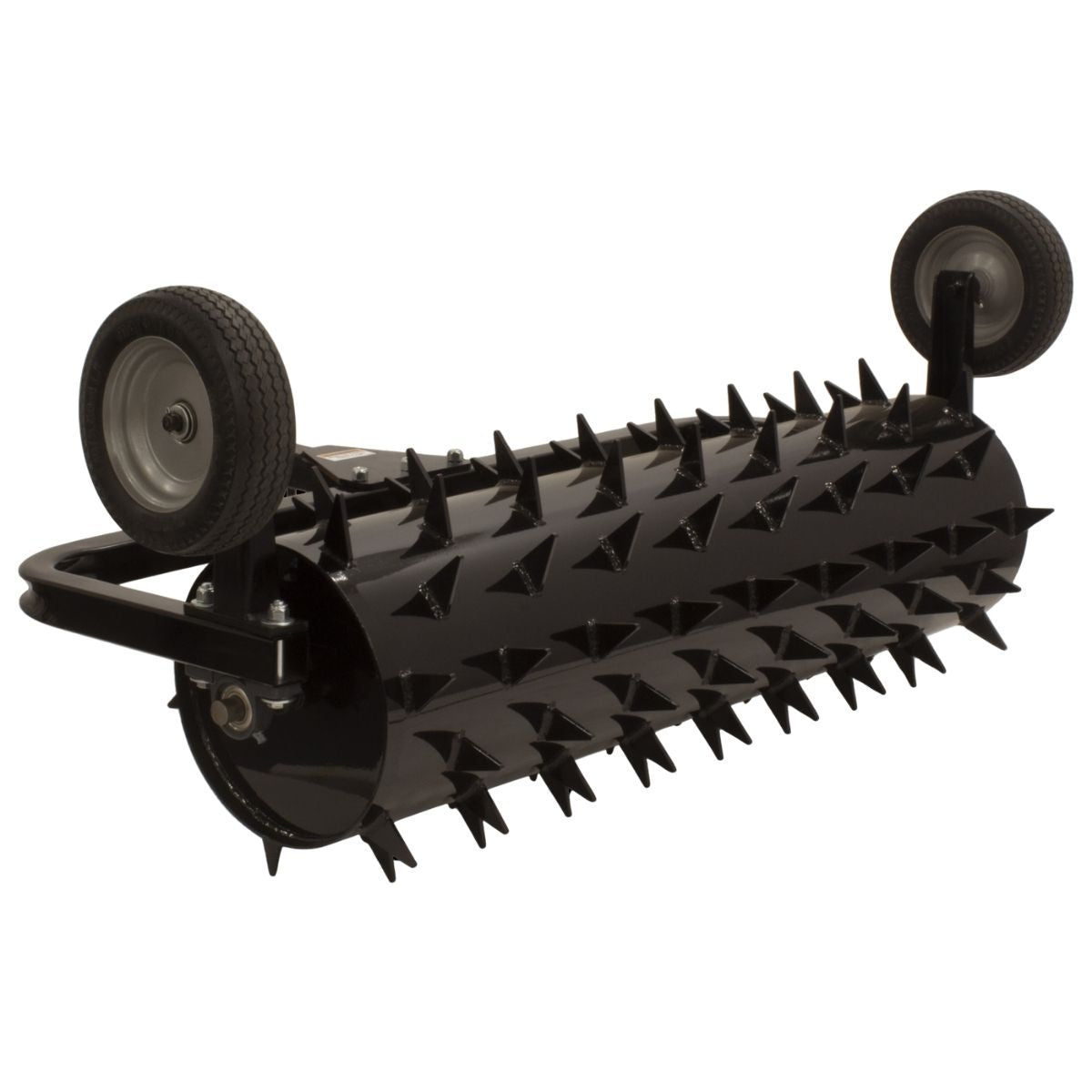 Black Maxim 36 in tow behind spike aerator with spikes on a white background