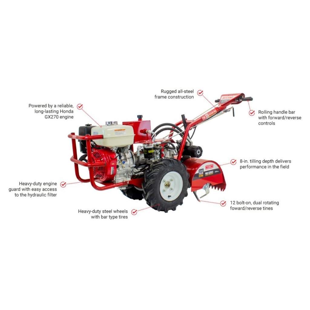 Red maxim rt190h tiller with features highlighted on a white background
