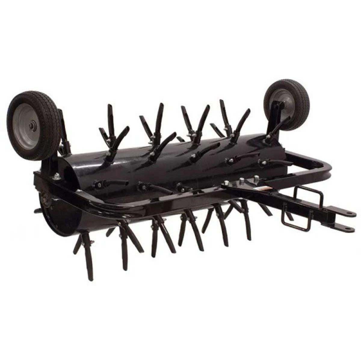 Black maxim 48 inch tow behind plug aerator with wheels on a white background