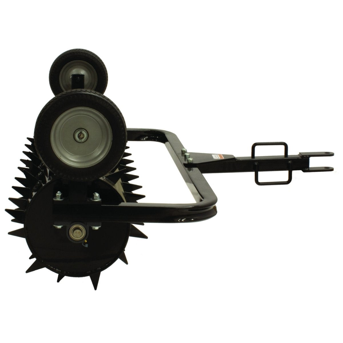 black maxim 36 in tow behind spike aerator with wheels on a white background