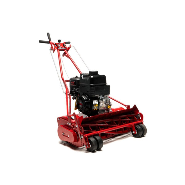 Red mclane 25 reel mower with engine on a white background