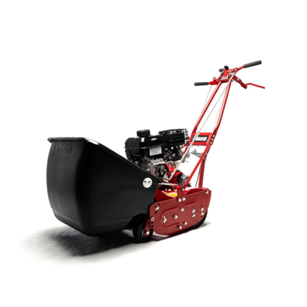 Red and black Mclane 20 inch reel mower for sale on a white background