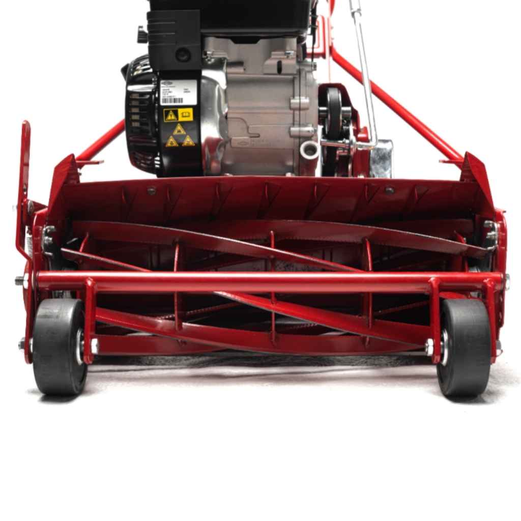 Red mclane 20in reel mower with engine on a white background