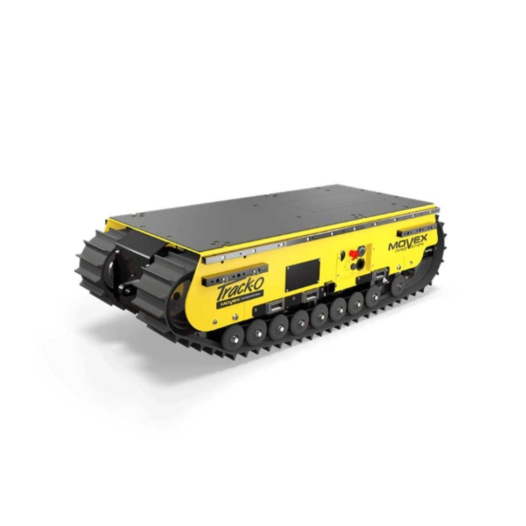 Yellow and black movex xc 30 tracked carrier on a white background