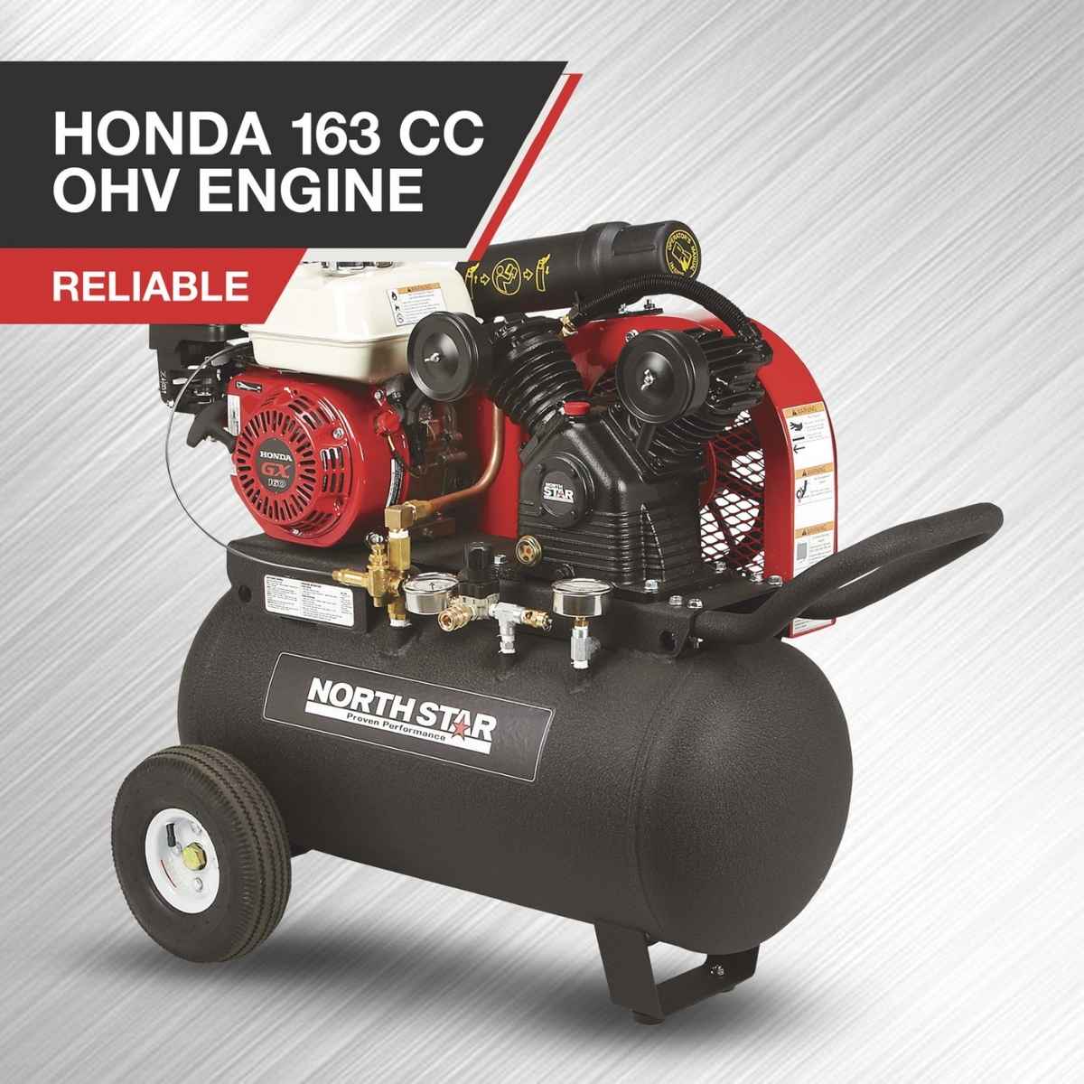 NorthStar air compressor 20 gallon with Honda engine on a gray background