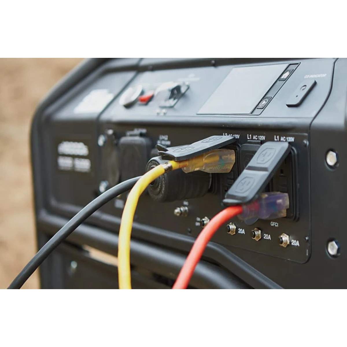 Close-up of a northstar generator 15000 with cables connected on a blurred background