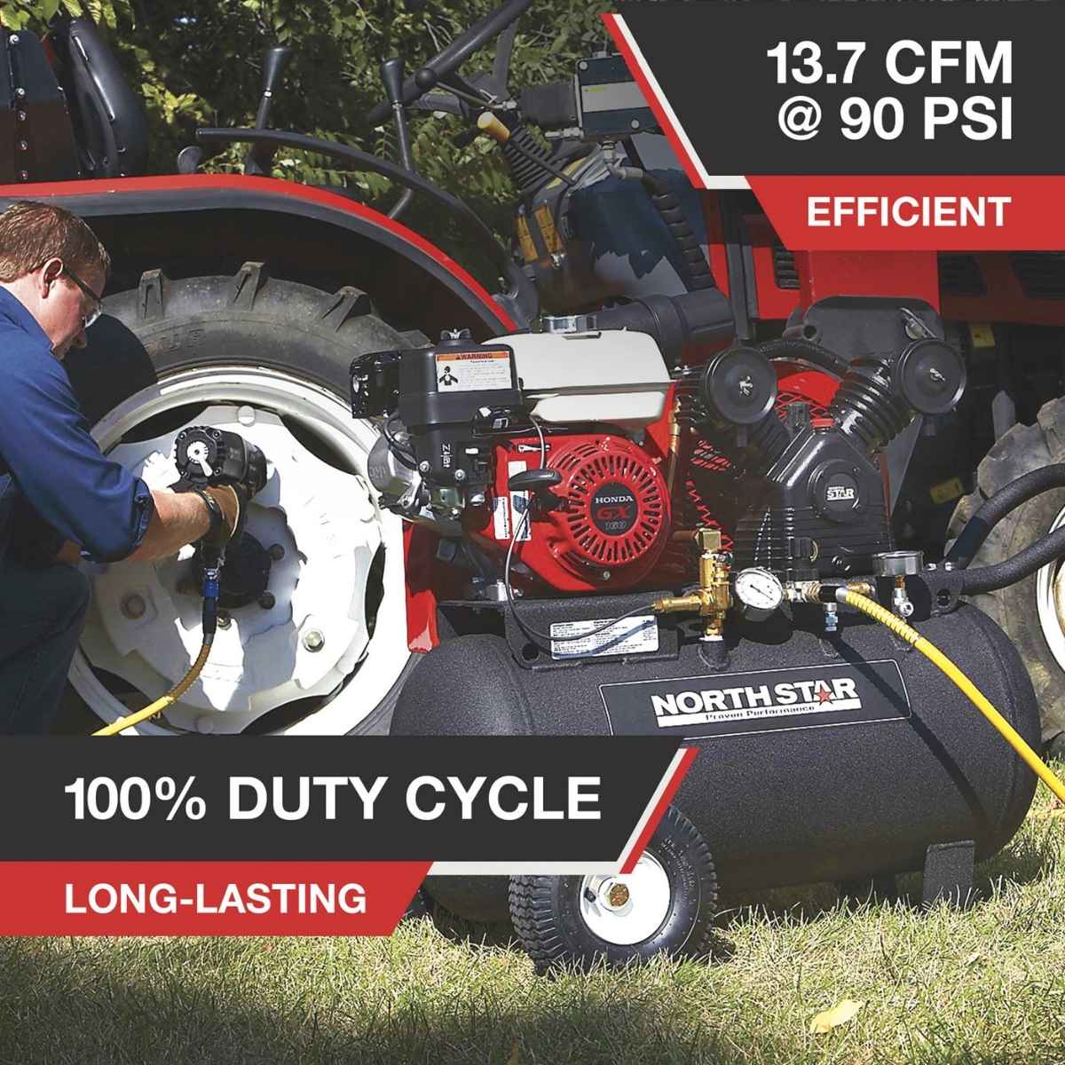 Person using a NorthStar 20 gallon gas air compressor on a tractor with text highlighting features.