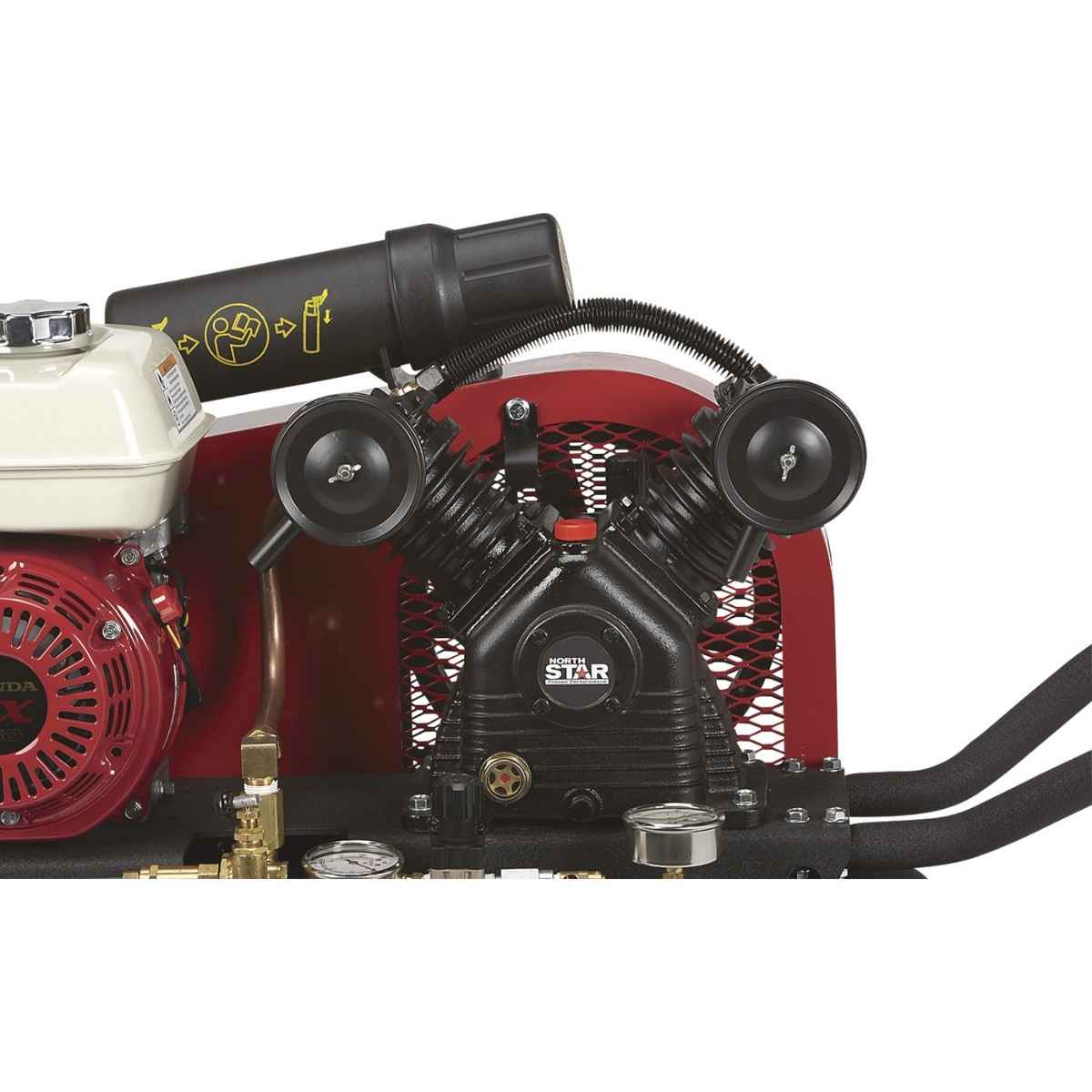Close-up of a Honda Star engine on a northstar a20 gal gas air compressor on a white background