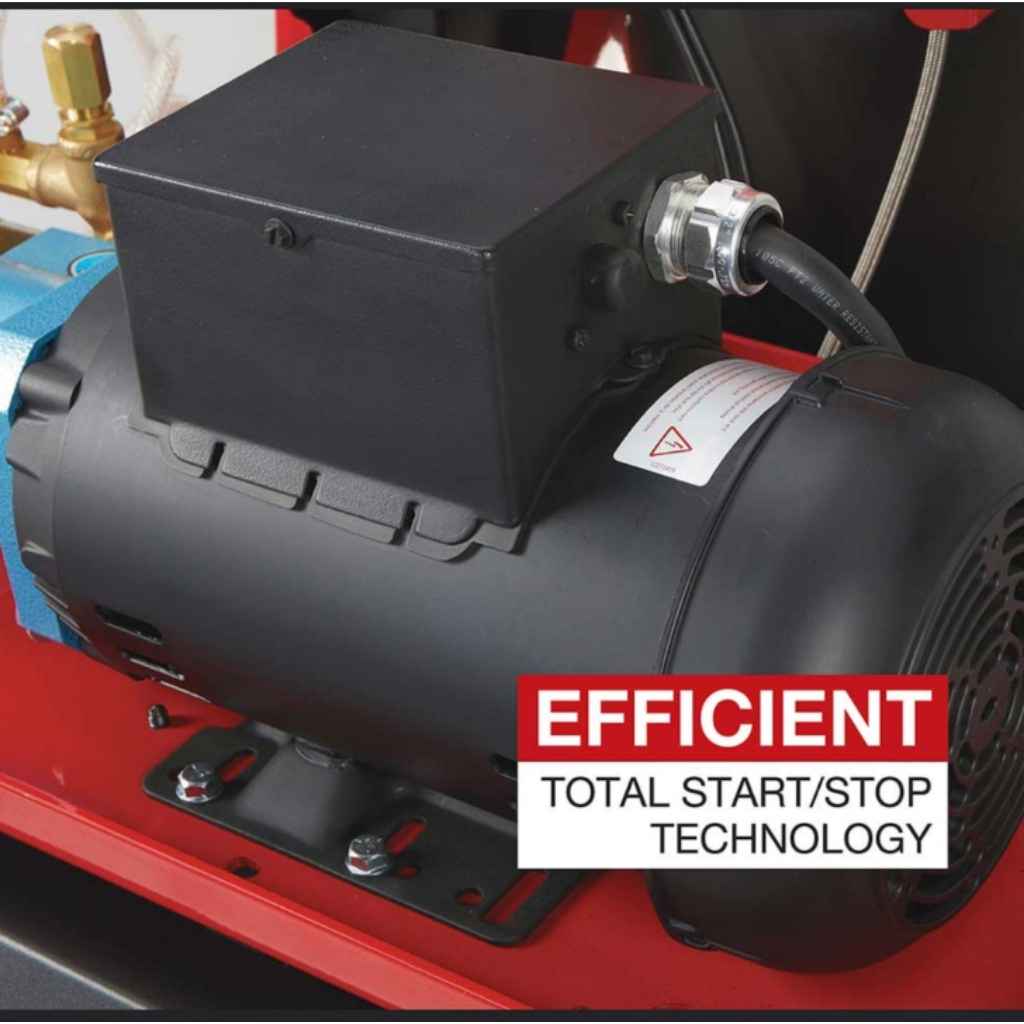 close up on the black engine of a northstar 2750 psi hot water pressure washer with text that says efficient total start/stop technology on a white background