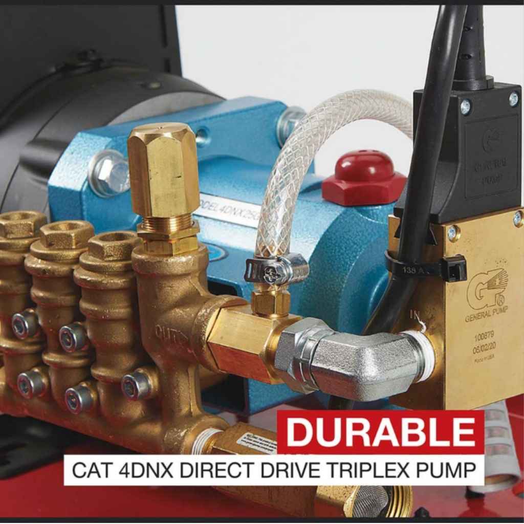 close up of a northstar hot water presure washer 2750 psi with a durable CAT 4DNX Direct Drive Triplex Pump on a white background