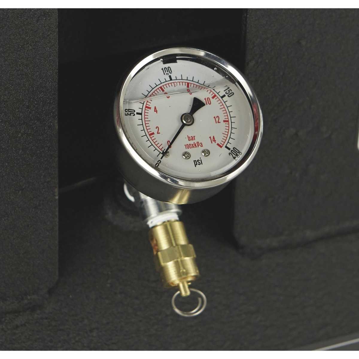 Pressure gauge attached to a Northstar 30 gal gas powered air compressor, showing pressure measurement.