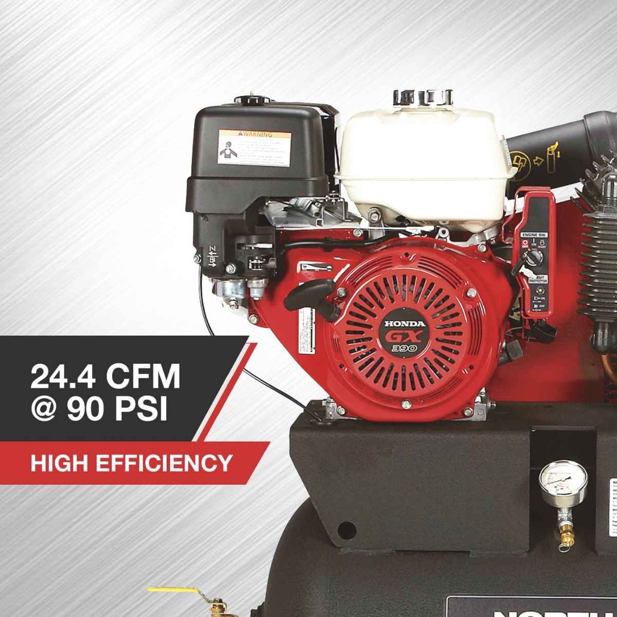 A northstar air compressor 30-gallon withg a Honda GX390 Engine with red and black design on a gray background