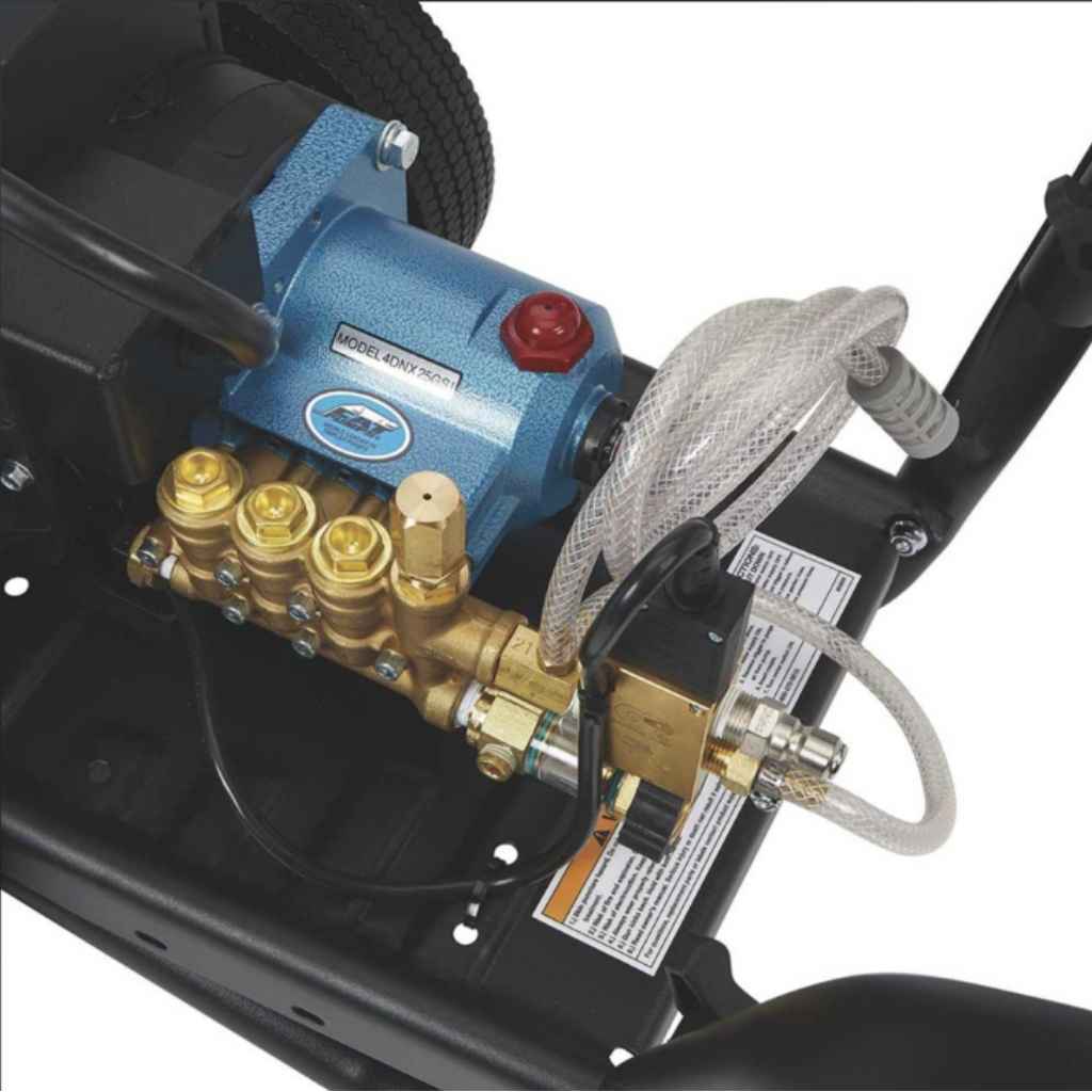 northstar Pressure washer 230v pump with brass nozzles and hoses on a white background