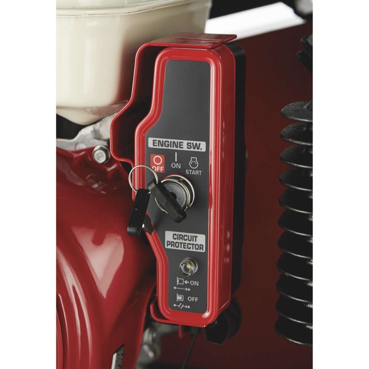A northstar 30 gallon gas powered air compressor with a Red and black ignition switch panel on a white background