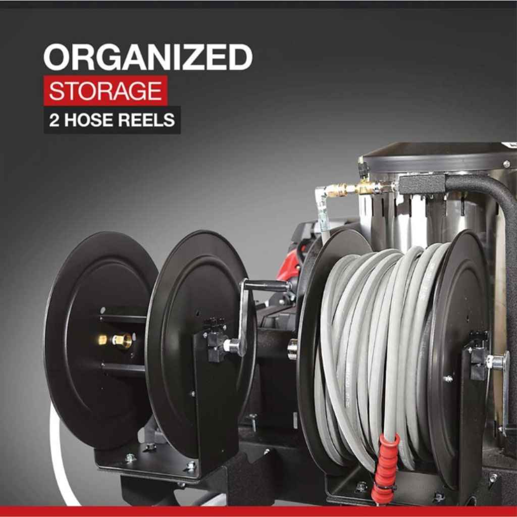 Two hose reels on a northstar hot water pressure washer 4000 psi 4 gpm with labeled 'Organized Storage' on a dark background