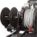 Hose reel with multiple reels and coiled hose on a northstar hot water heater 4 gpm 4000 psi pressure washer on a white background