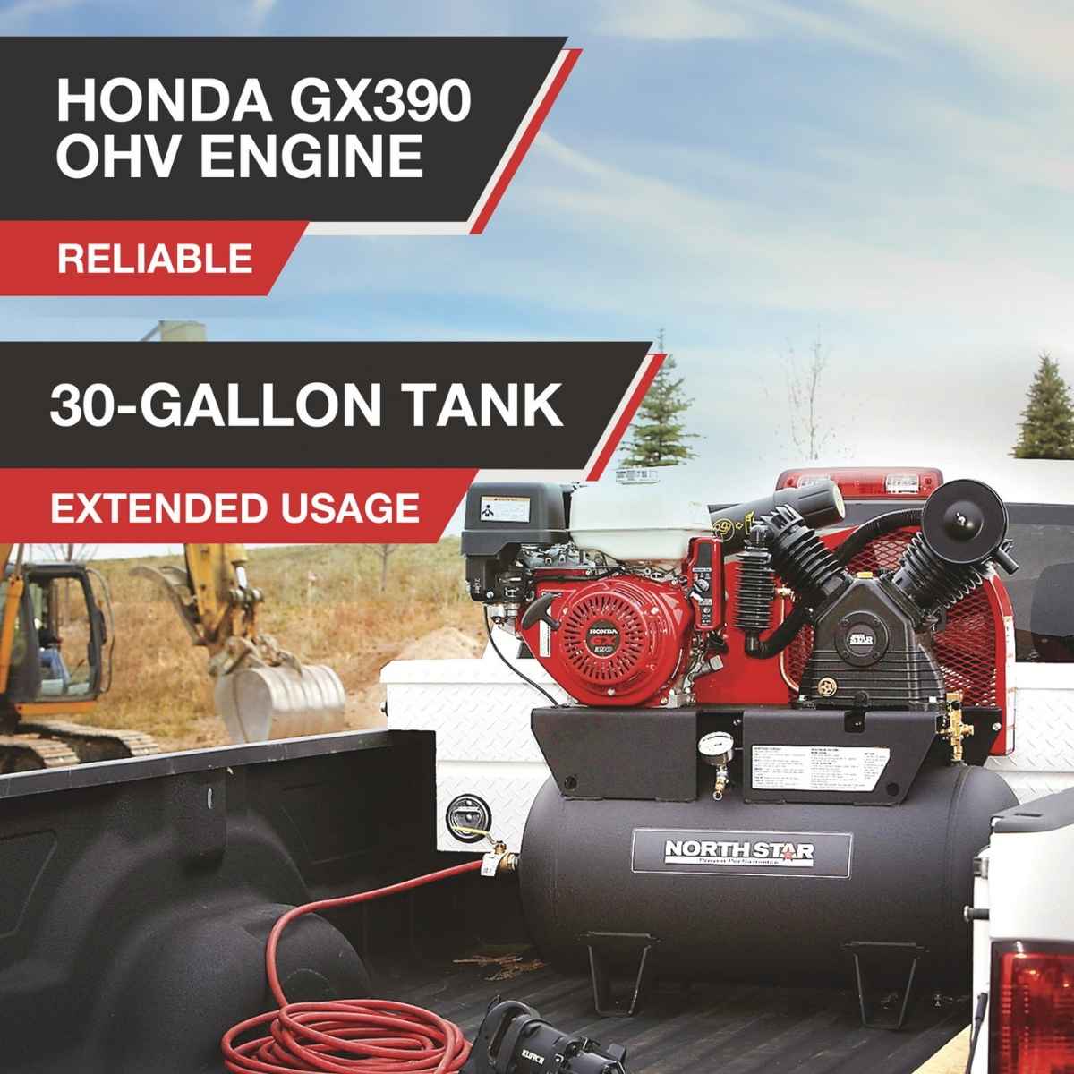A Northstar 30 gallon air compressor with a Honda GX390 OHV engine in a truck bed with text highlighting features.