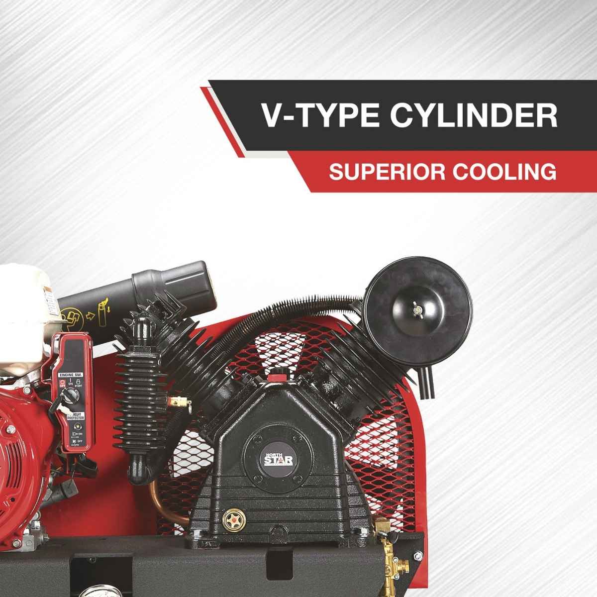 A northstar 30 gal gas powered air compressor with a Red and black engine with 'V-Type Cylinder' and 'Superior Cooling' text on a white background