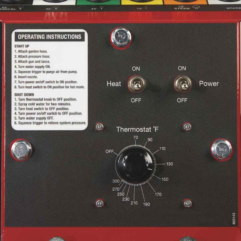 Close up of a 0control panel to a northstar 2750 psi pressure washer with operating instructions on the control panel.