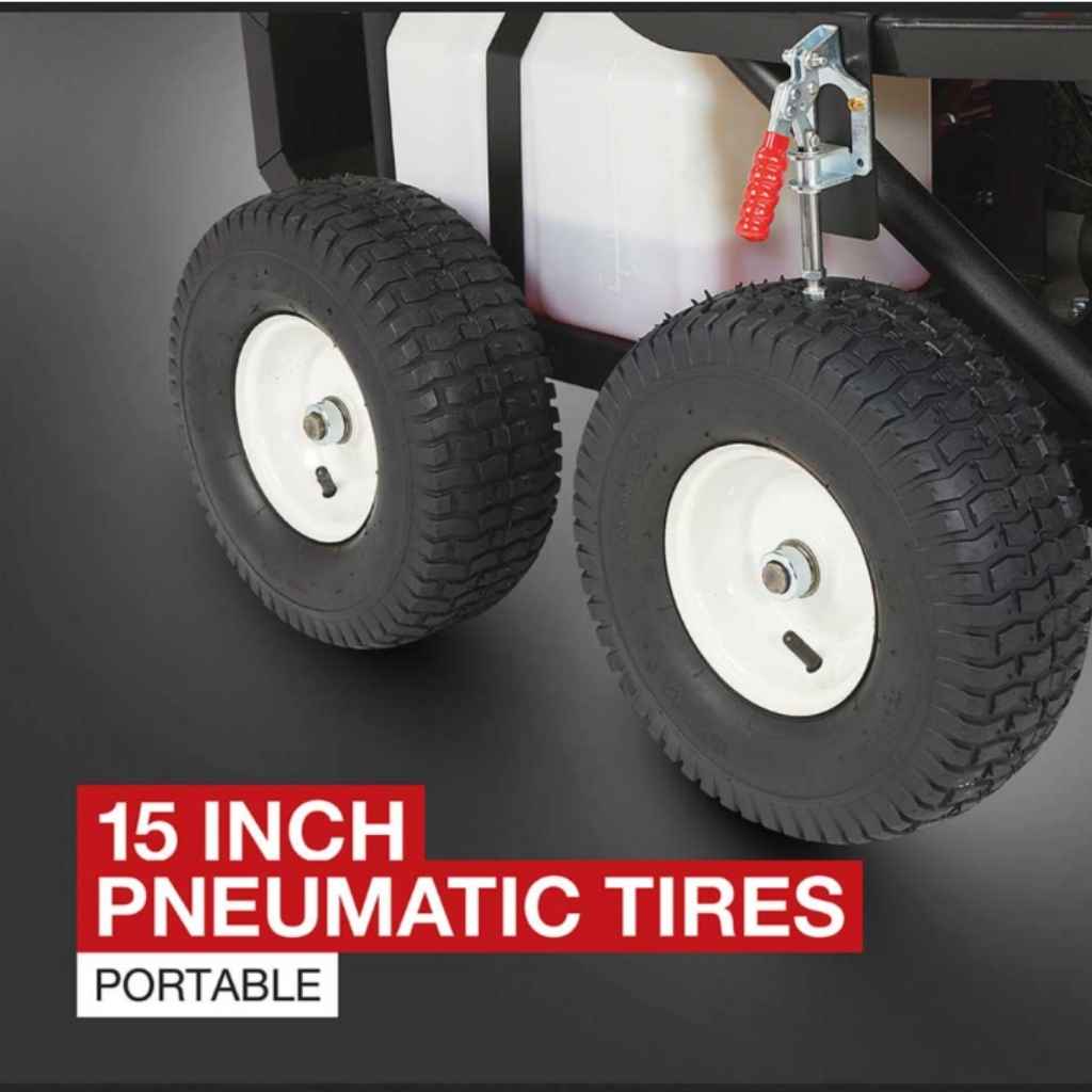 close up of the wheels to a northstar 2750 psi hot water pressure washer with white rims and text that says 15 inch pneumatic tires on a grey background