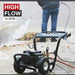 Northstar 120v Pressure washer with 'High Flow 1.5 GPM' text, person using it outdoors.