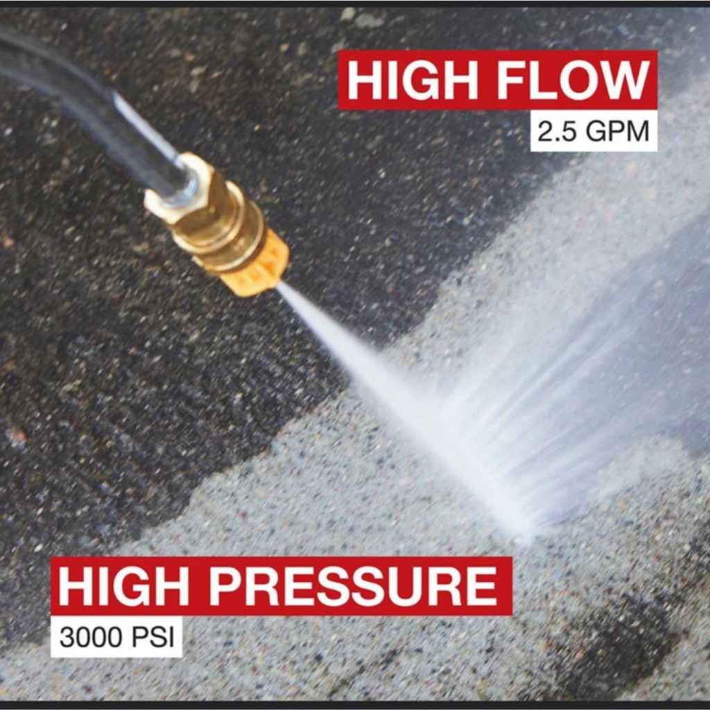 northstar 3000 psi pressure washer nozzle spraying water on concrete with 'High Flow' and 'High Pressure' text.