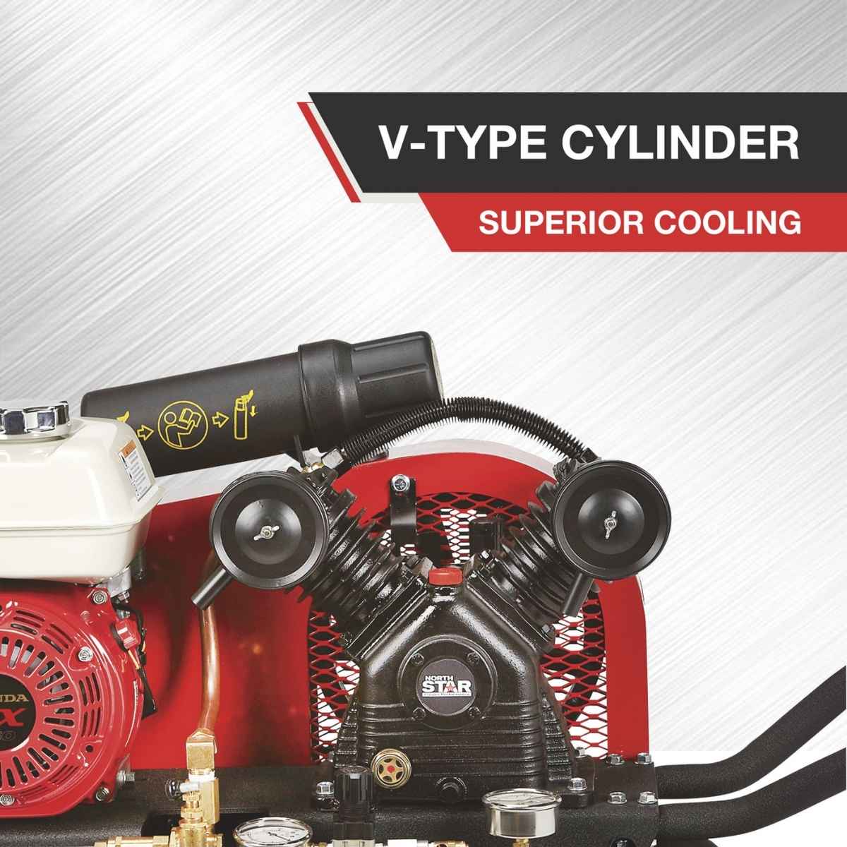 A red and black northstar 20 gallon gas air compressor with a Red and black V-type cylinder engine with 'Superior Cooling' text on a gray background