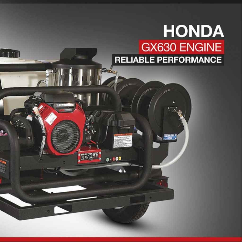 northstar 4000 psi 4 gpm hot water pressure washer with a Honda GX630 engine with 'Reliable Performance' text on a gray background